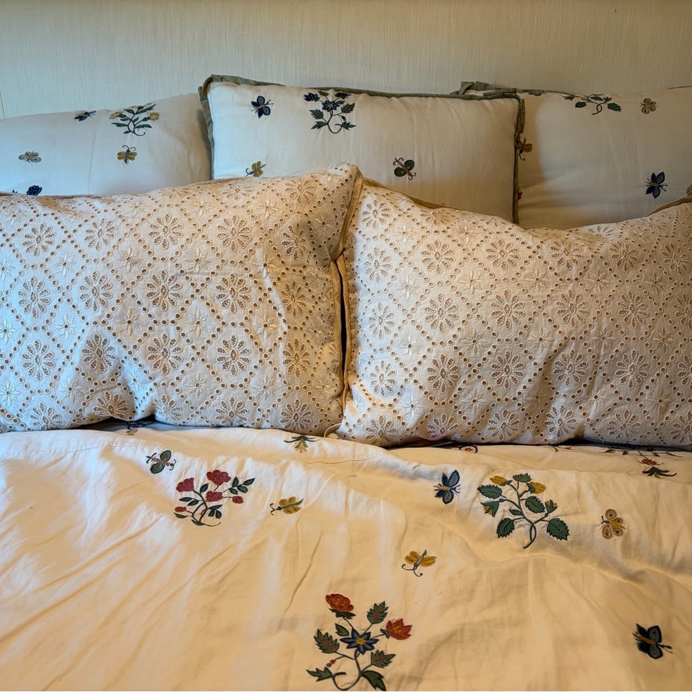 Pair Vintage eyelet embroidered cotton lattice Floral Cream pillow covers $250